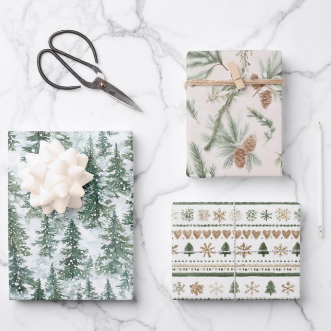 Snowy Christmas Trees Wrapping Paper Sheet (Front)