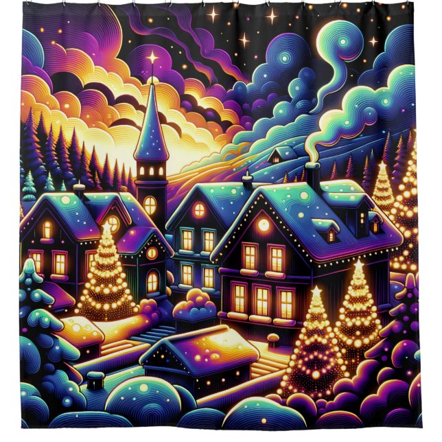 “Snowy Christmas Village at Night” Shower Curtain (Front)