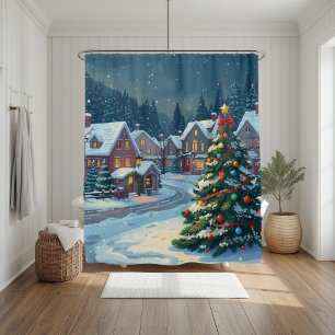 Snowy Christmas Village Holiday Shower Curtain
