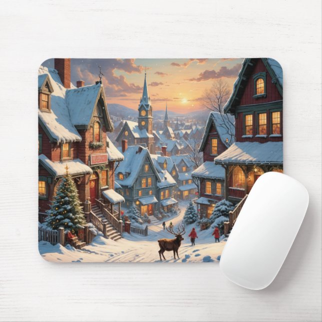 Snowy Christmas Village Mouse Mat (With Mouse)