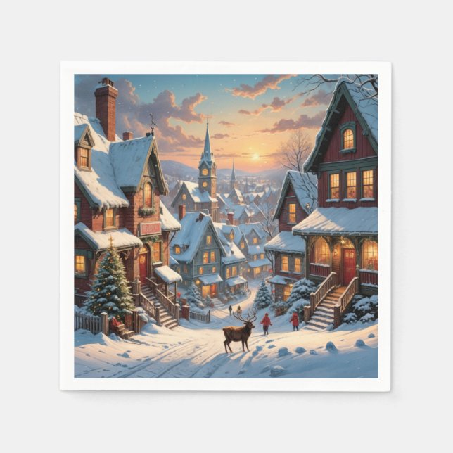 Snowy Christmas Village Napkin (Front)