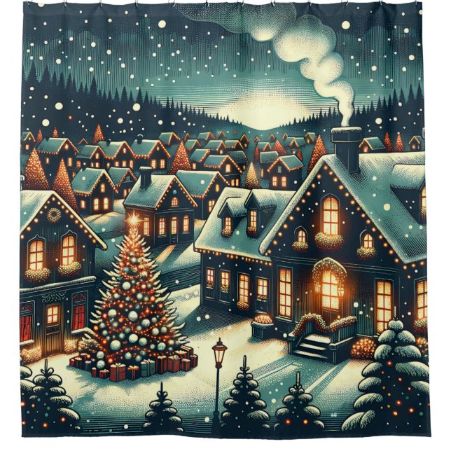 “Snowy Christmas Village Night” Shower Curtain (Front)