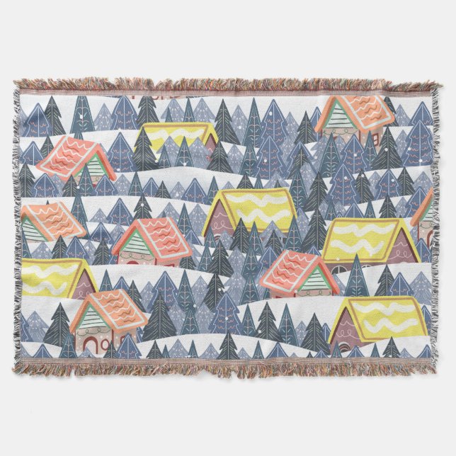 Snowy Christmas Village Pattern Throw Blanket (Front)