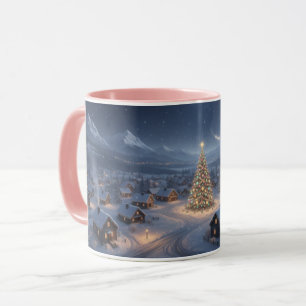 Snowy Christmas Village Pink Handle Combo Mug