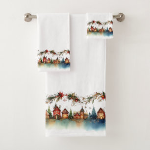 Snowy Christmas Village Scene with Poinsettias Bath Towel Set
