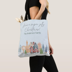 Snowy Christmas Village Watercolor Scene Tote Bag