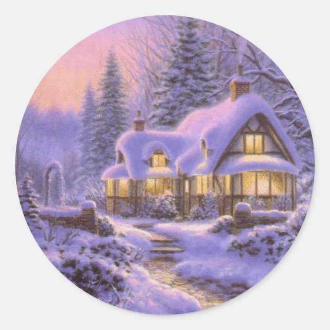 Snowy Christmas Winter Scene Classic Round Sticker (Front)