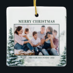 Snowy Christmas Woodland Christmas Photo Ceramic Ornament<br><div class="desc">Merry Christmas! Add a festive winter accent to your Christmas tree with this custom Christmas photo ornament. It features watercolor snowy winter woodland. Personalise by adding photos, holiday greeting, year and family signature. Feature your favourite photo with this woodland Christmas photo ornament. This watercolor holiday photo ornament will be perfect...</div>