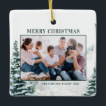 Snowy Christmas Woodland Christmas Photo Ceramic Ornament<br><div class="desc">Merry Christmas! Add a festive winter accent to your Christmas tree with this custom Christmas photo ornament. It features watercolor snowy winter woodland. Personalise by adding photos, holiday greeting, year and family signature. Feature your favourite photo with this woodland Christmas photo ornament. This watercolor holiday photo ornament will be perfect...</div>