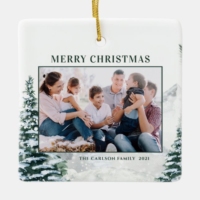Snowy Christmas Woodland Christmas Photo Ceramic Ornament (Front)