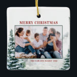 Snowy Christmas Woodland Christmas Photo Ceramic Ornament<br><div class="desc">Merry Christmas! Add a festive winter accent to your Christmas tree with this custom Christmas photo ornament. It features watercolor snowy winter woodland with red texts. Personalise by adding photos, holiday greeting, year and family signature. Feature your favourite photo with this woodland Christmas photo ornament. This watercolor holiday photo ornament...</div>