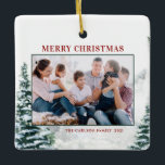 Snowy Christmas Woodland Christmas Photo Ceramic Ornament<br><div class="desc">Merry Christmas! Add a festive winter accent to your Christmas tree with this custom Christmas photo ornament. It features watercolor snowy winter woodland with red texts. Personalise by adding photos, holiday greeting, year and family signature. Feature your favourite photo with this woodland Christmas photo ornament. This watercolor holiday photo ornament...</div>