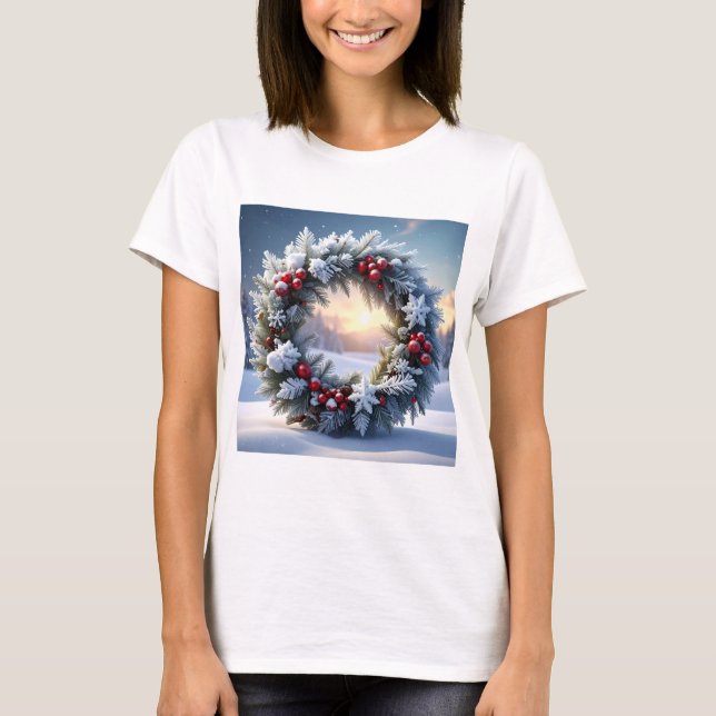 Snowy Christmas Wreath with Red Berries T-Shirt (Front)