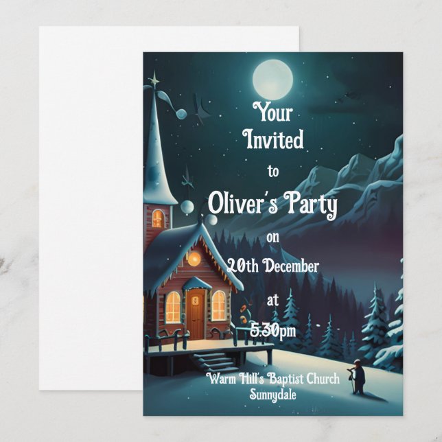Snowy Church Birthday Invitation Card (Front/Back)