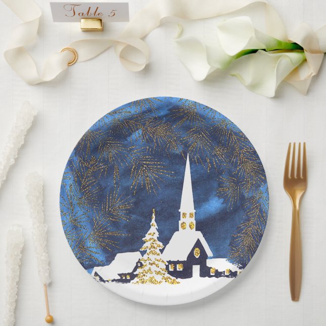 Snowy Church Christmas Paper Plates (Wedding)
