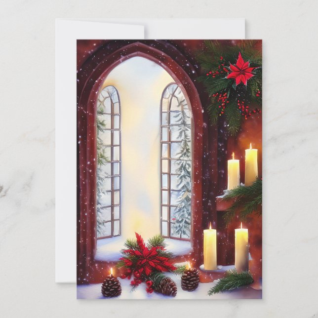 Snowy Church window budget mini Christmas Holiday Card (Front)