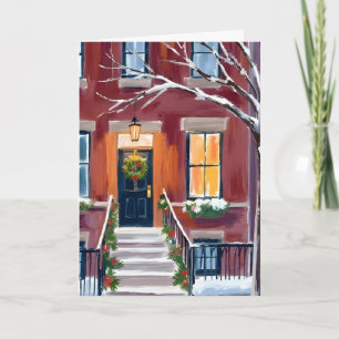 Snowy City Stoop Christmas Winter Watercolor Card
