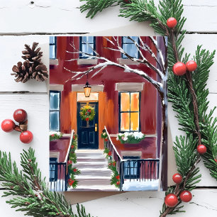 Snowy City Stoop Christmas Winter Watercolor Holiday Postcard