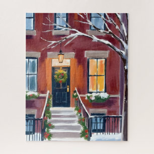 Snowy City Stoop Christmas Winter Watercolor Jigsaw Puzzle
