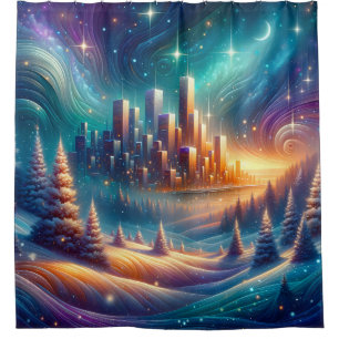 “Snowy Cityscape Under Starry Sky” Shower Curtain