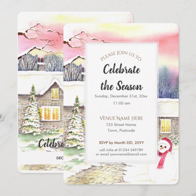 Snowy Cottage Christmas New Year Party Invitation (Front/Back)