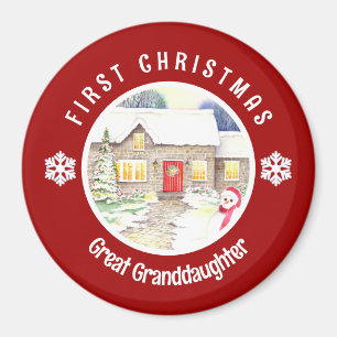 Snowy Cottage First Christmas Red Circle Magnet