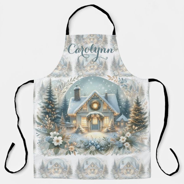 Snowy Cottage Glow Scene Apron (Front)
