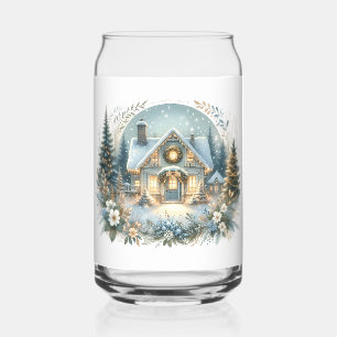 Snowy Cottage Glow Scene Can Glass