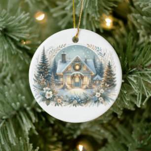 Snowy Cottage Glow Scene Ceramic Tree Decoration