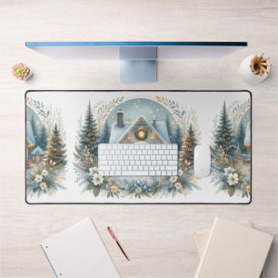 Snowy Cottage Glow Scene Desk Mat