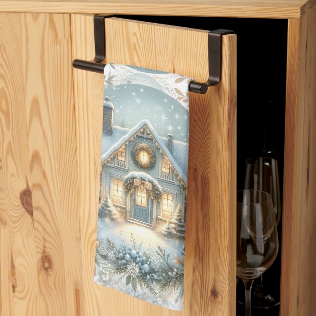 Snowy Cottage Glow Scene Tea Towel (Thirds Fold)