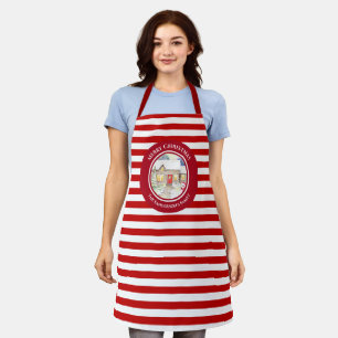 Snowy Cottage Snowman Watercolor Red Circle Apron