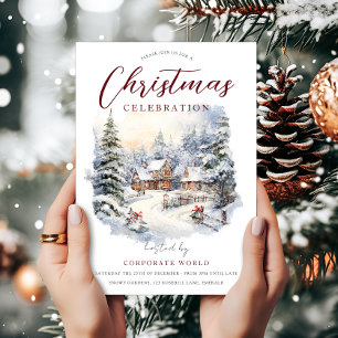 Snowy Cottage Trees Corporate Christmas Party Invitation