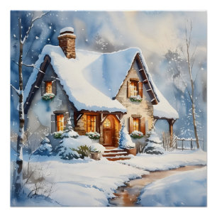 Snowy Cottage Watercolor Painting Art  Poster
