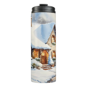Snowy Cottage Watercolor Painting Art  Thermal Tumbler