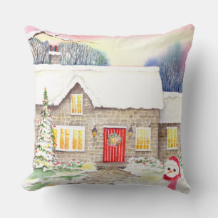 Snowy Cottage Watercolor Painting Cushion