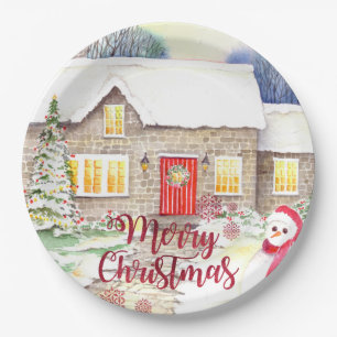 Snowy Cottage Watercolor Painting Paper Plate