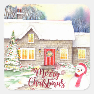 Snowy Cottage Watercolor Painting Square Sticker