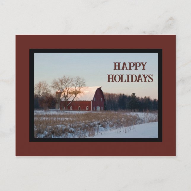 Snowy Country Barn Happy Holidays Holiday Postcard (Front)