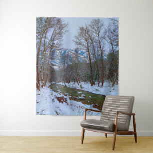 Snowy Creek Forest Mountain Winter Scene Backdrop Tapestry