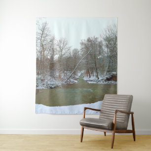 Snowy Creek Forest Winter Scene Nature Backdrop Tapestry