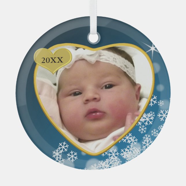 Snowy Dark Blue Baby's Birth Year Photo Christmas Glass Tree Decoration (Front)