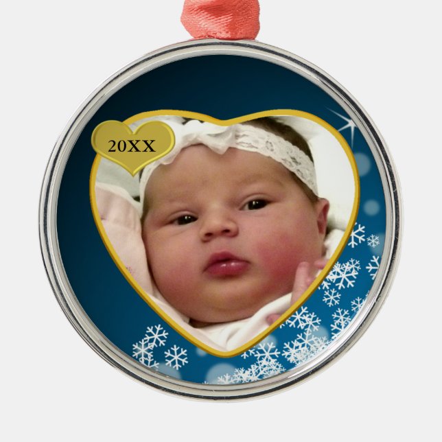Snowy Dark Blue Baby's Birth Year Photo Christmas Metal Tree Decoration (Front)