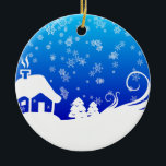Snowy Day Ceramic Tree Decoration<br><div class="desc">A blue and white wintry design with snowflakes in the sky,  snow covered house and pines and swirling snow to the right.</div>