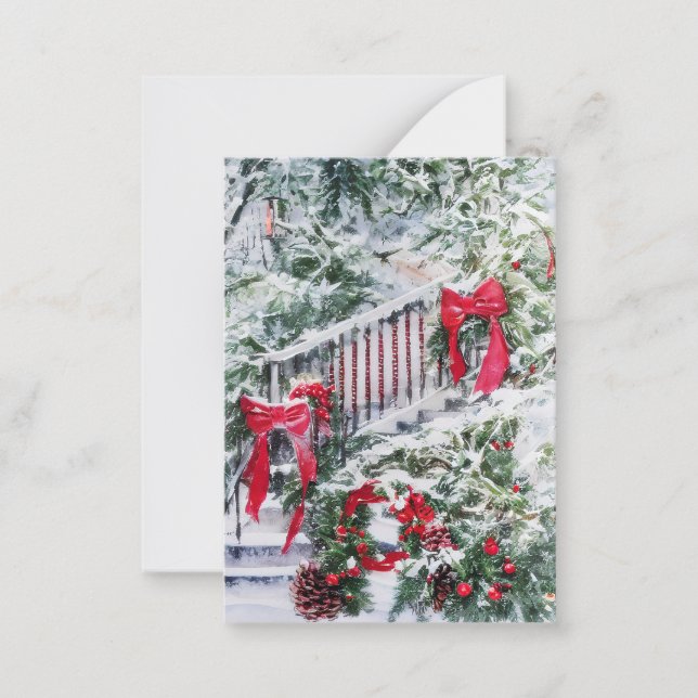Snowy decorated stairs budget mini Christmas Card (Front)