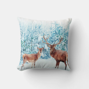 Snowy Deer Family Winter Scene Cushion