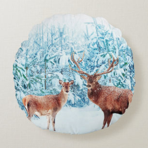 Snowy Deer Family Winter Scene Round Cushion