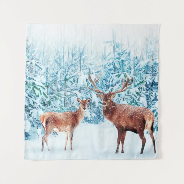 Snowy Deer Family Winter Scene Tapestry (Front)