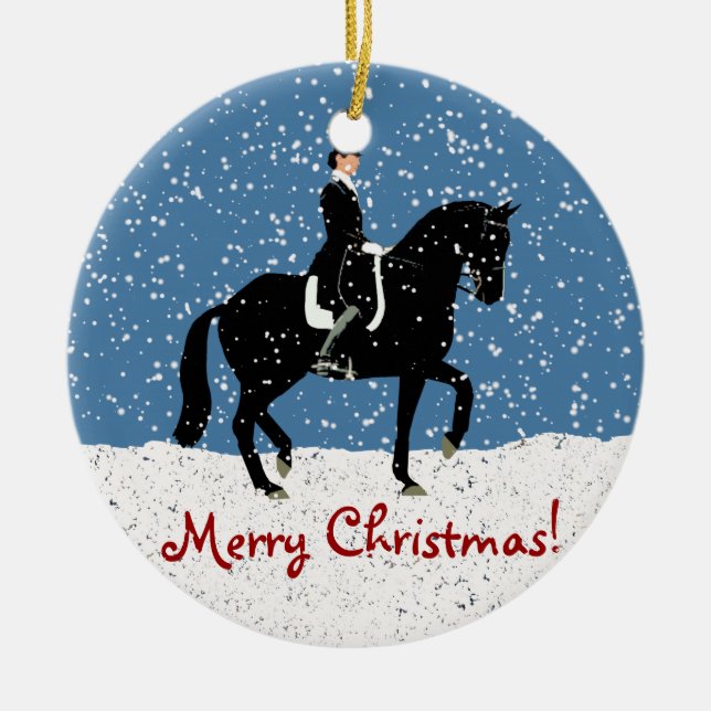 Snowy Dressage Horse Christmas Ceramic Tree Decoration (Front)
