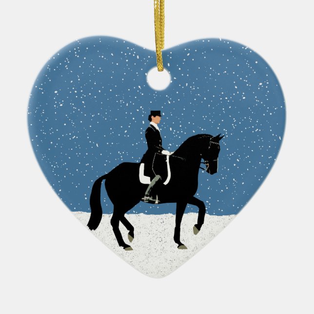 Snowy Dressage Horse Christmas Ceramic Tree Decoration (Front)